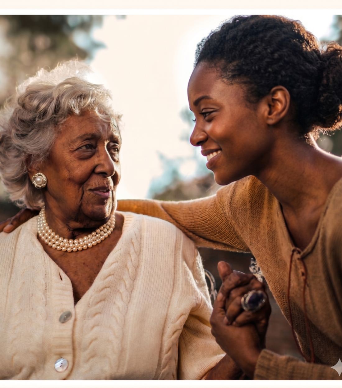 A caregiver and an older woman sharing a warm smile outdoors