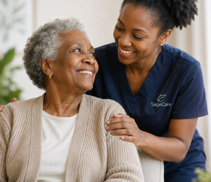 SageCare caregiver spending time with an older woman at home
