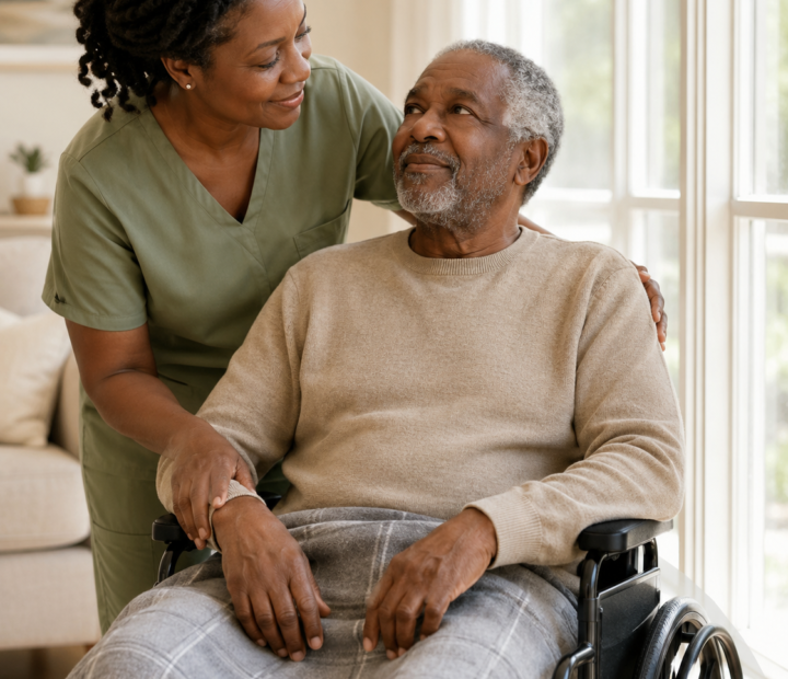 SageCare caregiver supporting an older man in a wheelchair at home