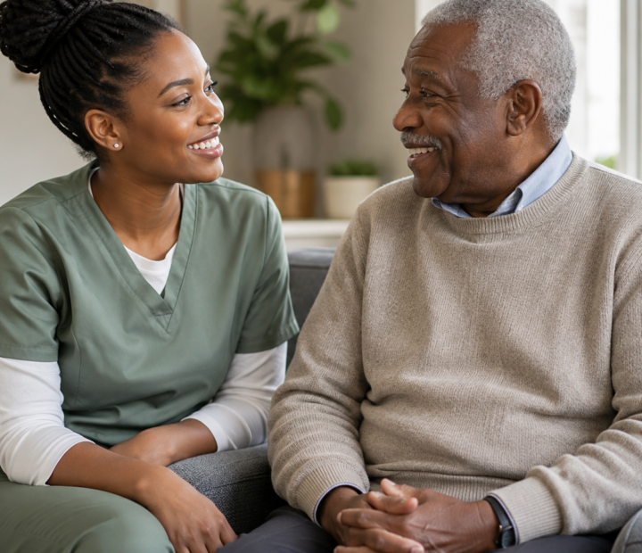 SageCare caregiver sharing a friendly conversation with an older man