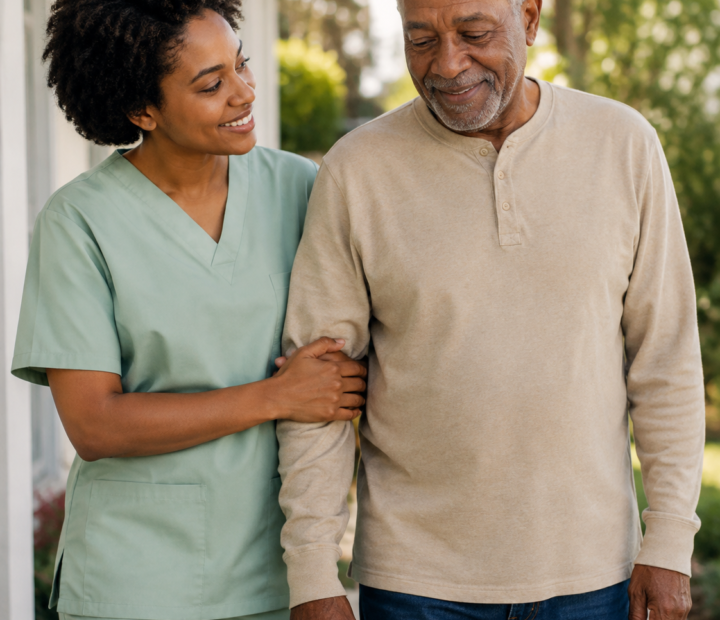 SageCare caregiver accompanying an older man during an outdoor walk